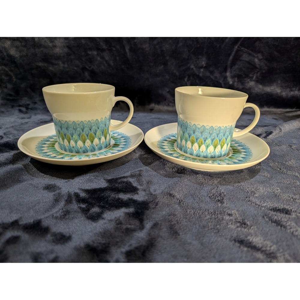 Noritake Younger Image Bahama Coffee Cups Saucers Set of 2 Blue Green Floral MCM - Picture 1 of 10